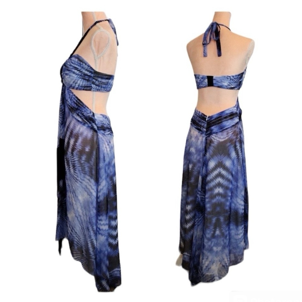Bebe Bohemian Luxe Tie Dye Fringe Crochet Cut Out High Low Dress Blue Black Boho - Picture 7 of 16